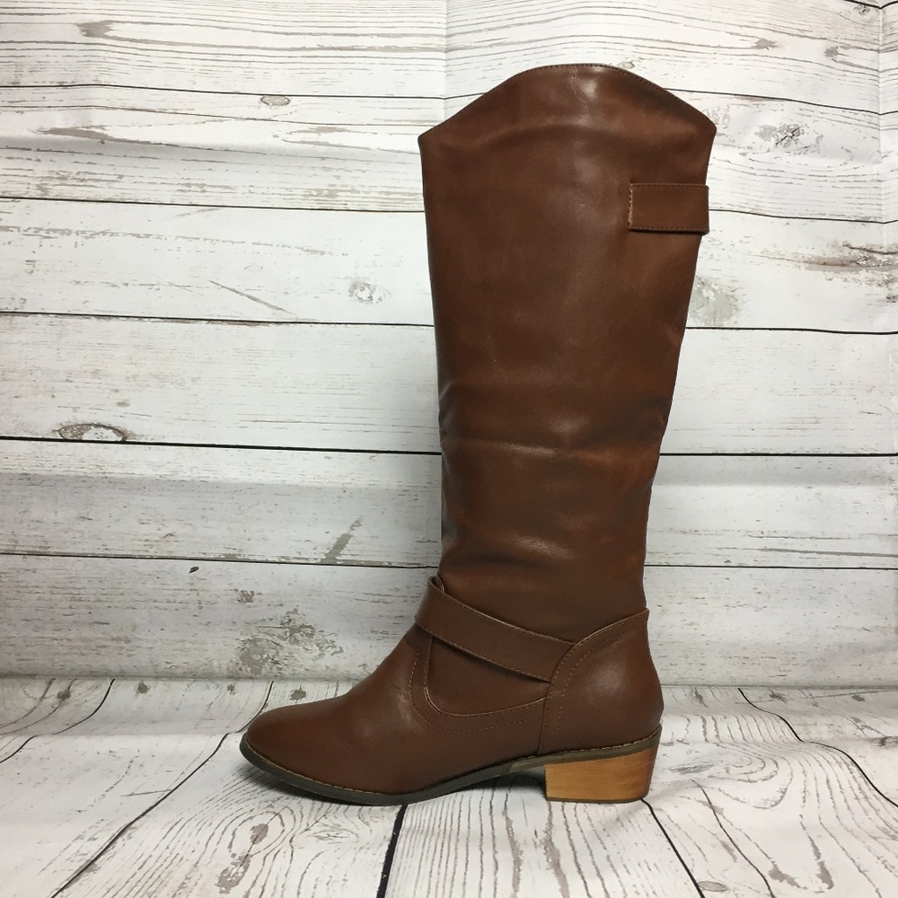 Brown Tall Stud Buckle Riding Knee High Boots - Picture 2 of 4